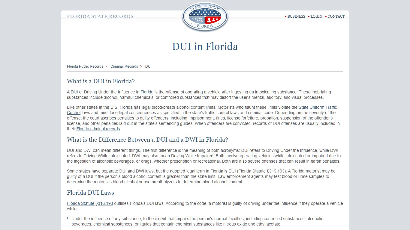 DUI in Florida | StateRecords.org
